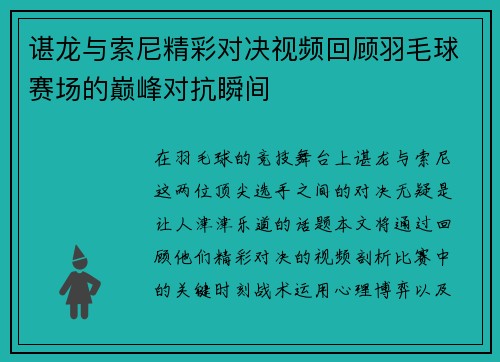 谌龙与索尼精彩对决视频回顾羽毛球赛场的巅峰对抗瞬间